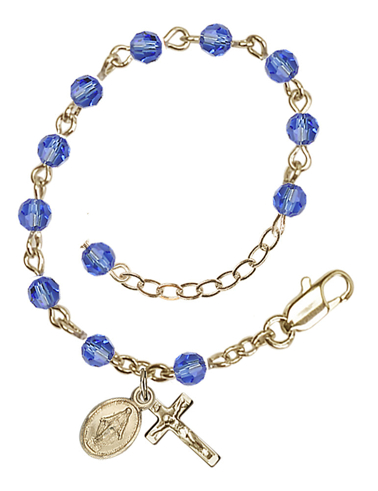 4mm Crystal Miraculous Infant Rosary Bracelet - Gold Plate - September - Sapphire
