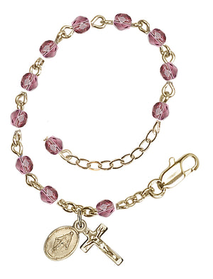 4mm Fire Polished Miraculous Infant Rosary Bracelet - Gold Plate - February - Amethyst