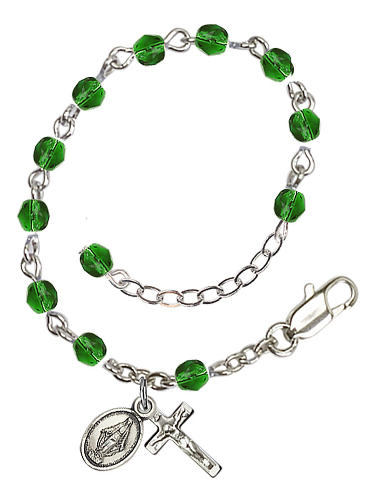 4mm Fire Polished Miraculous Infant Rosary Bracelet - Silver Plate - May - Emerald