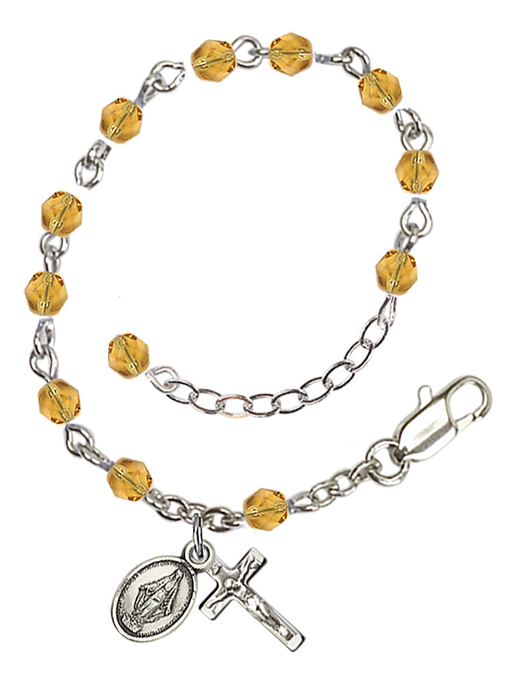 4mm Fire Polished Miraculous Infant Rosary Bracelet - Silver Plate - November - Topaz