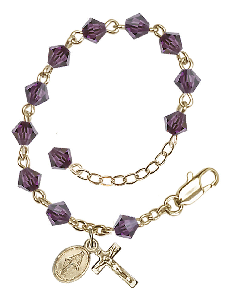 5mm Crystal Miraculous Infant Rosary Bracelet - Gold Plate - February - Amethyst