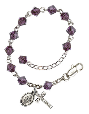5mm Crystal Miraculous Infant Rosary Bracelet - Silver Plate - February - Amethyst