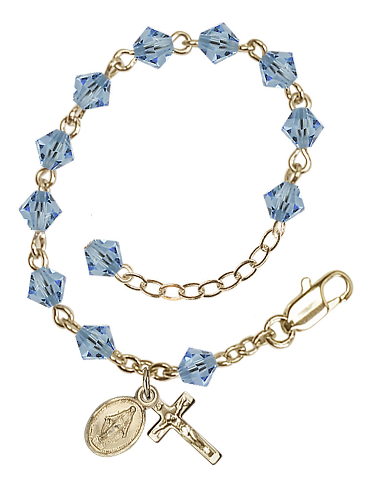 5mm Crystal Miraculous Infant Rosary Bracelet - Gold Plate - March - Aqua