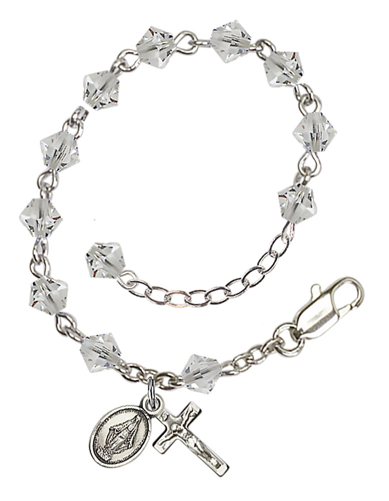 5mm Crystal Miraculous Infant Rosary Bracelet - Silver Plate - April - Crystal