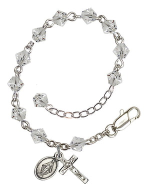5mm Crystal Miraculous Infant Rosary Bracelet - Silver Plate - April - Crystal