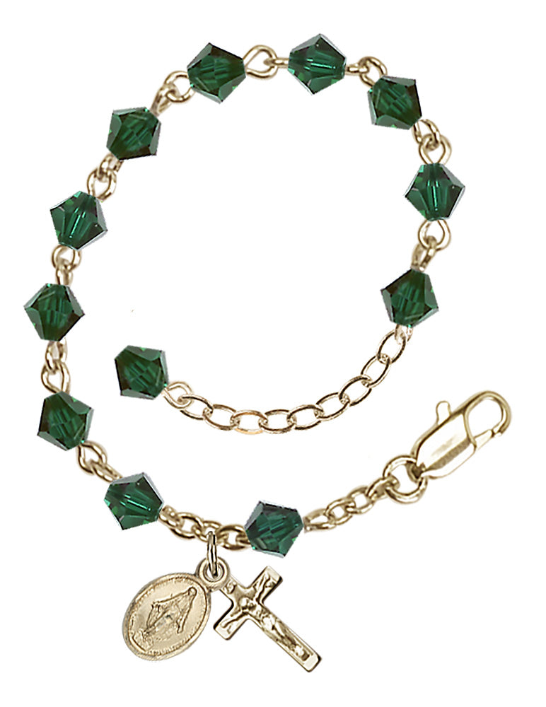 5mm Crystal Miraculous Infant Rosary Bracelet - Gold Plate - May - Emerald