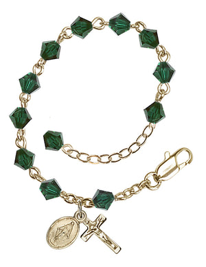 5mm Crystal Miraculous Infant Rosary Bracelet - Gold Plate - May - Emerald
