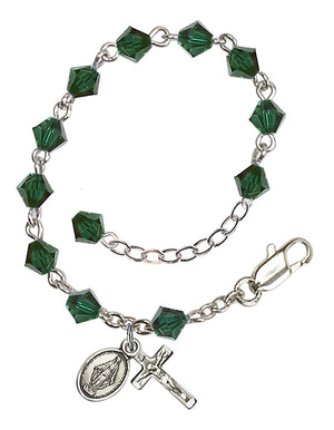 5mm Crystal Miraculous Infant Rosary Bracelet - Silver Plate - May - Emerald