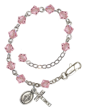 5mm Crystal Miraculous Infant Rosary Bracelet - Silver Plate - Light Rose