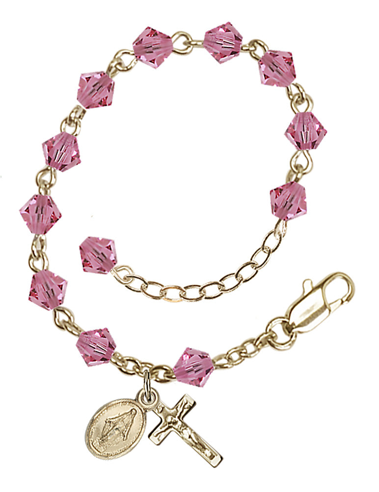 5mm Crystal Miraculous Infant Rosary Bracelet - Gold Plate - October - Rose