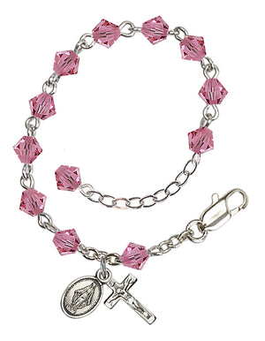 5mm Crystal Miraculous Infant Rosary Bracelet - Silver Plate - October - Rose