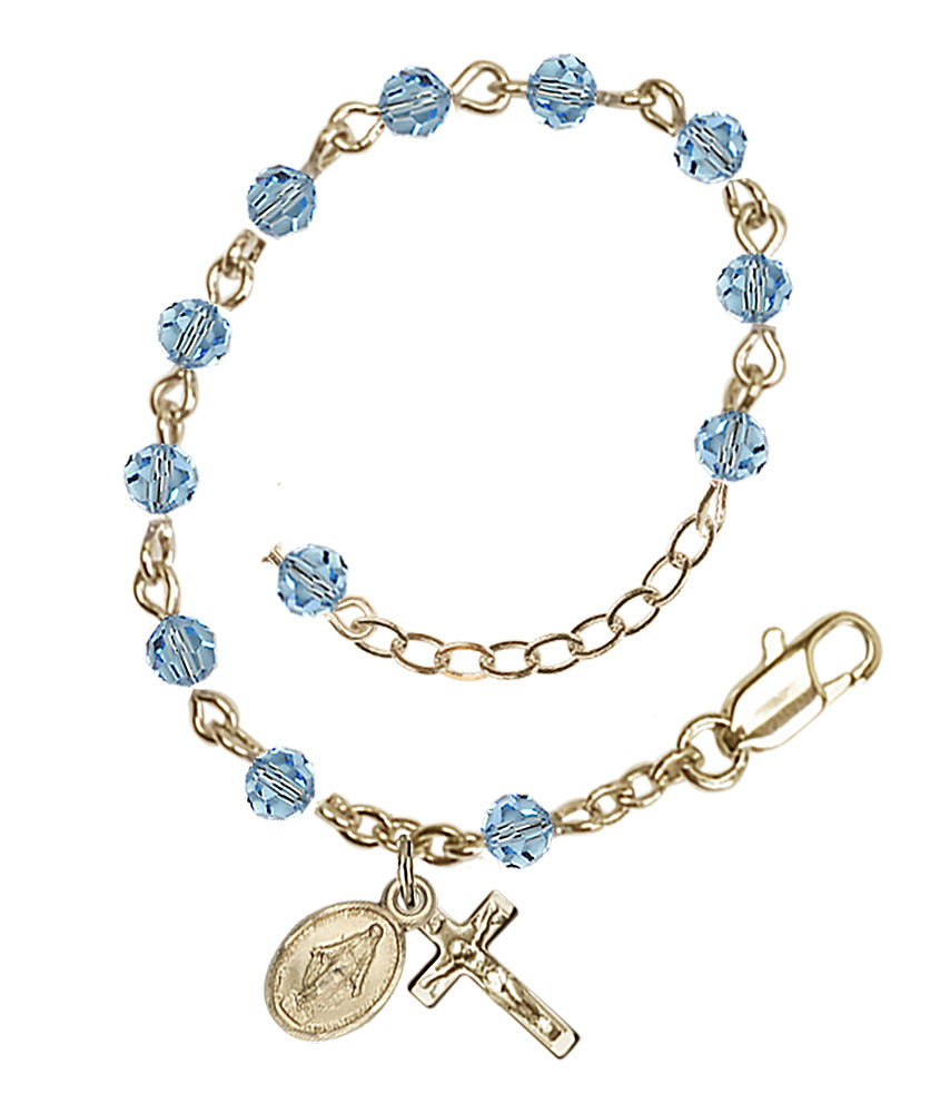 4mm Crystal Miraculous Infant Rosary Bracelet - 14K Gold - March - Aqua
