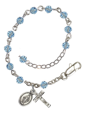 4mm Crystal Miraculous Infant Rosary Bracelet - Sterling Silver - March - Aqua