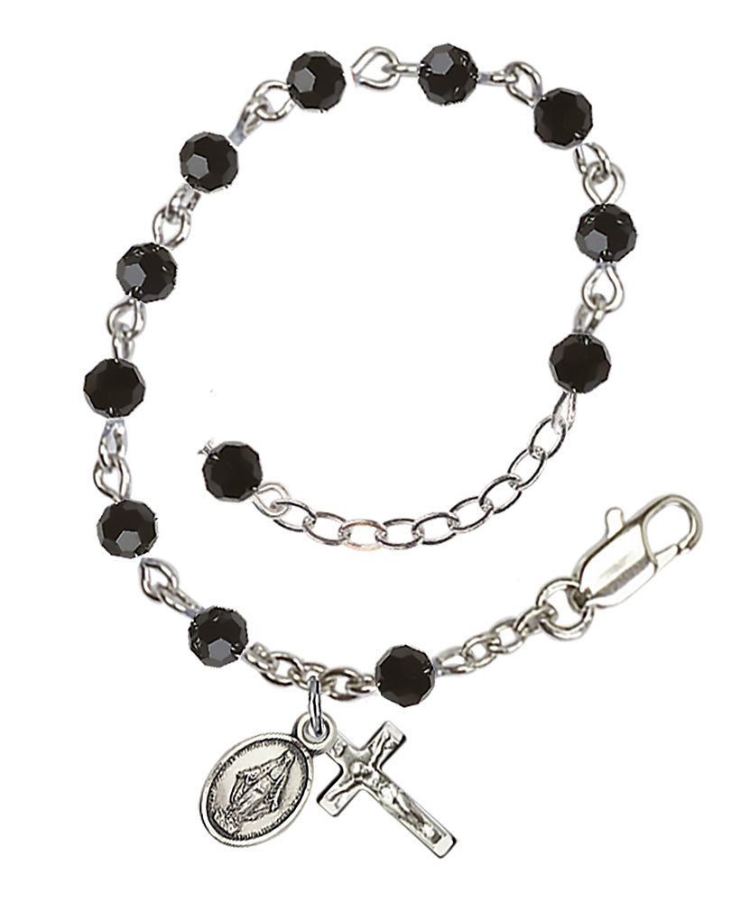 4mm Crystal Miraculous Infant Rosary Bracelet - Sterling Silver - Jet