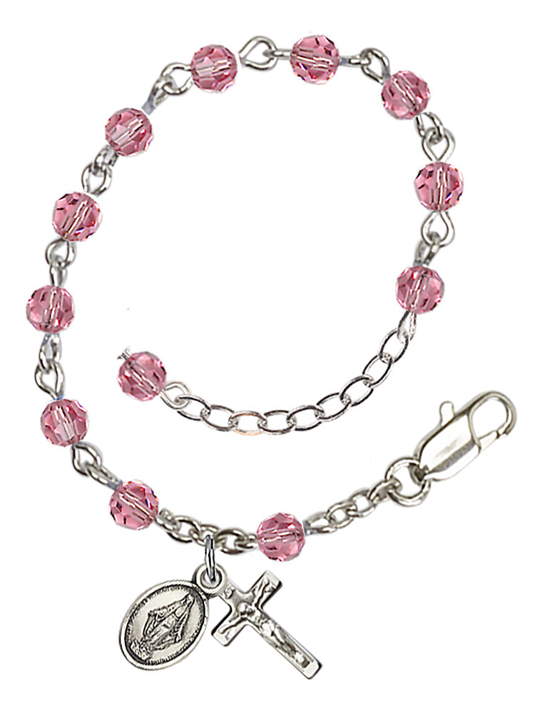 4mm Crystal Miraculous Infant Rosary Bracelet - Sterling Silver - October - Rose
